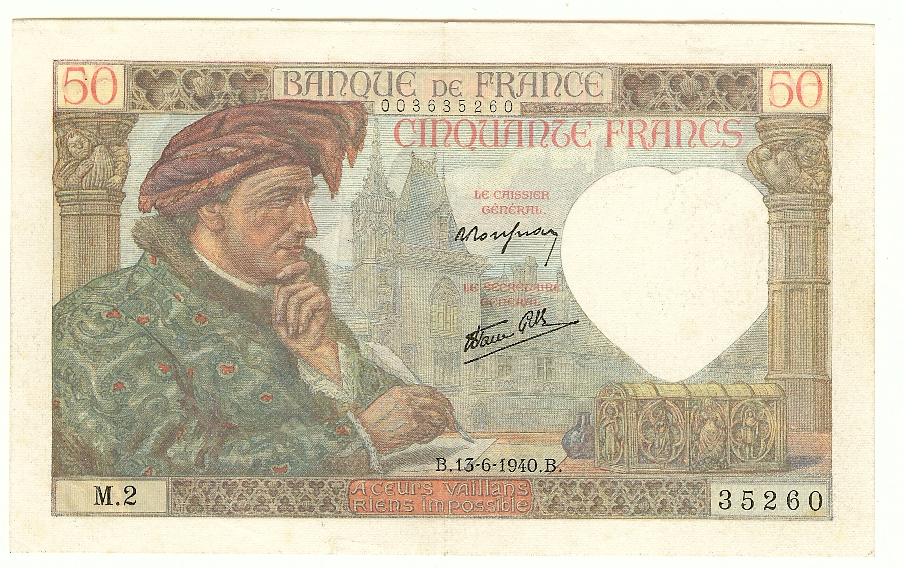 50 Francs Jacques Coeur 13/6/1940 AU++